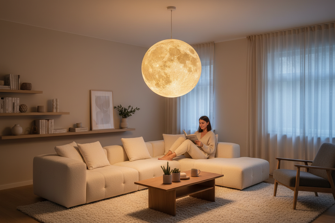 customer sitting in the living room and our moon light is there 