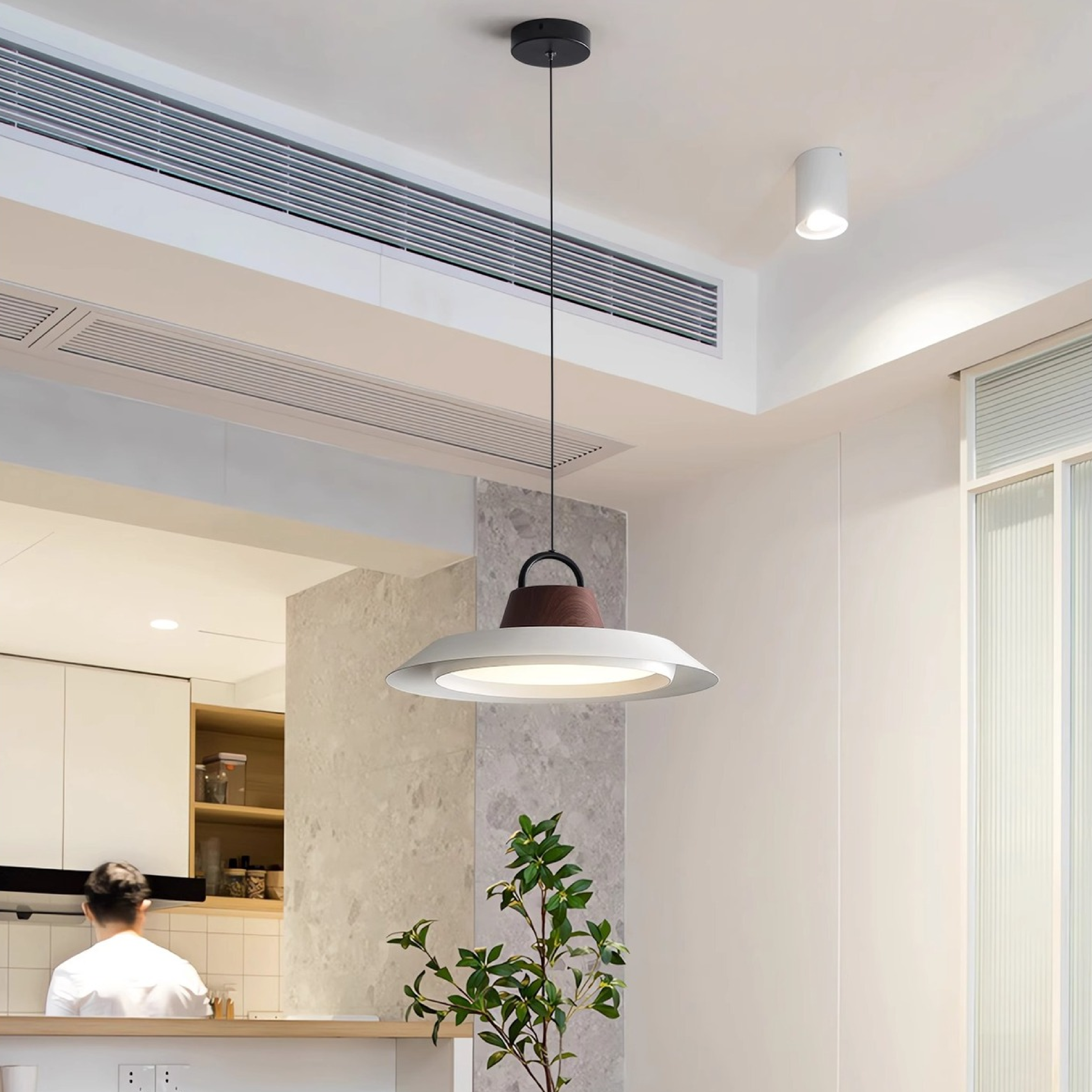 Scandinavian Wood & Metal Pendant Light – Minimalist Modern Ceiling Fixture for Warm Ambient Lighting