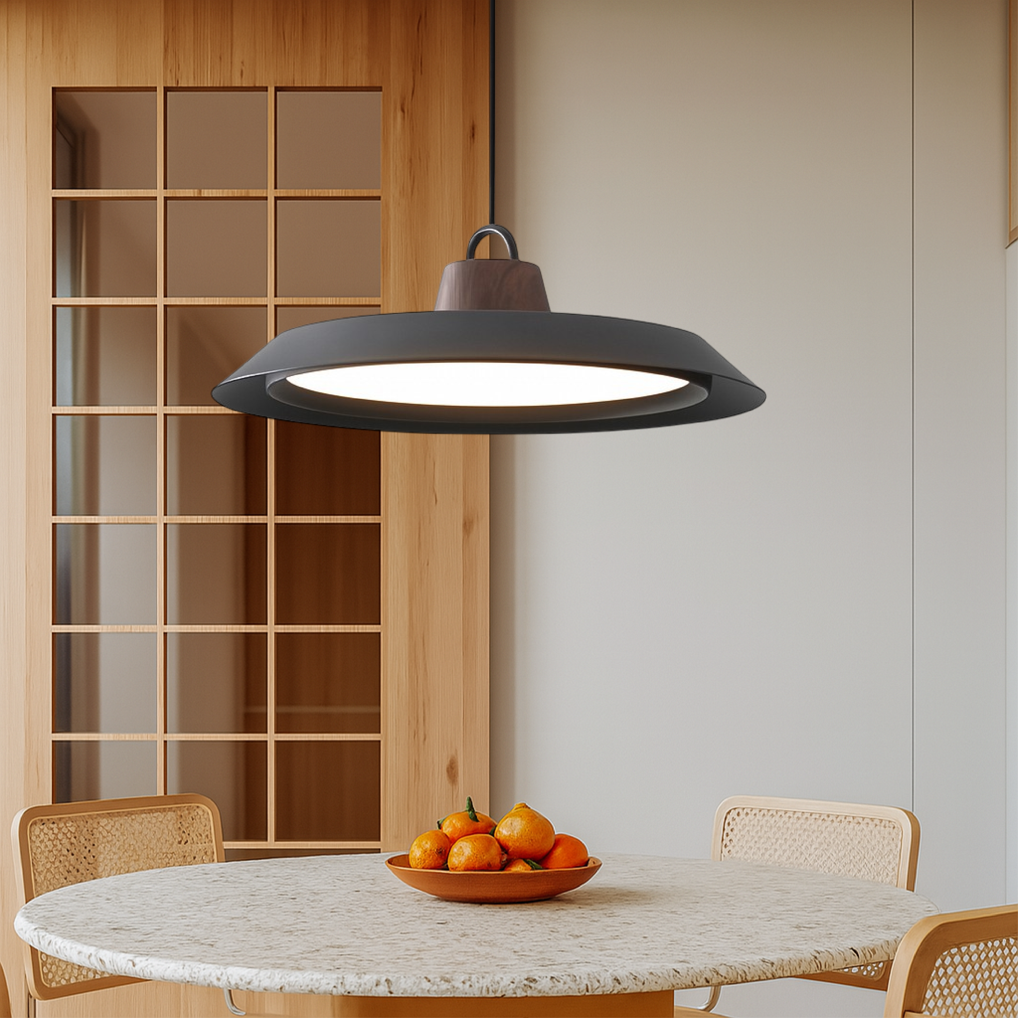 Scandinavian Wood & Metal Pendant Light – Minimalist Modern Ceiling Fixture for Warm Ambient Lighting